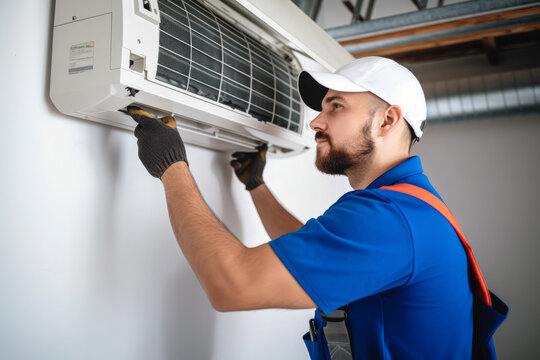 Air conditioning technician servicing a wall-mounted AC unit in Scottsdale, AZ