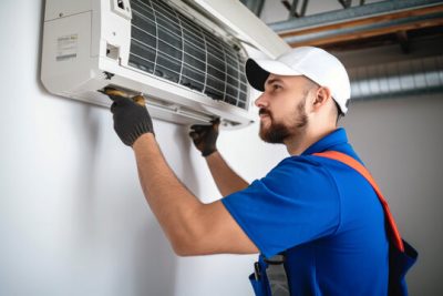360_F_621046421_Vcay4nYa8ozdeodOQVDfES6MRrC6N3b8 Air conditioning technician servicing a wall-mounted AC unit in Scottsdale, AZ