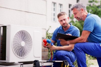 ac-installation-in-claremont-ca HVAC technicians reviewing an outdoor air conditioning unit in Scottsdale, AZ